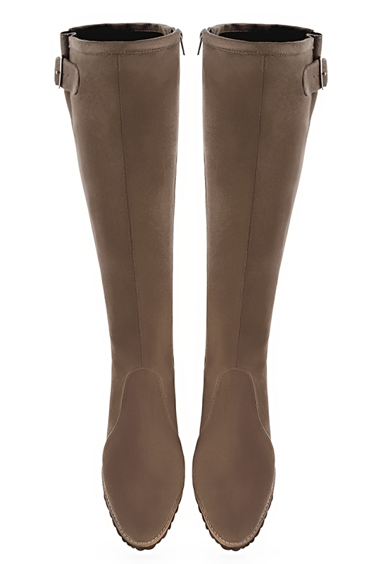 Chocolate brown women's knee-high boots with buckles. Round toe. Medium block heels. Made to measure. Top view - Florence KOOIJMAN